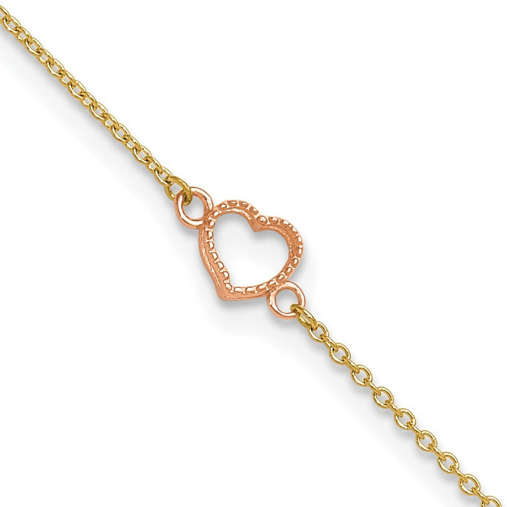 14k Two-tone Textured and Polished Open Heart 10" Anklet