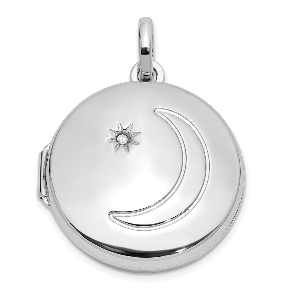 Sterling Silver Rhodium-plated 20mm Diamond Moon Star Round Locket