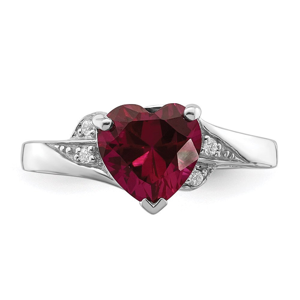 Sterling Silver Rhodium-plated CZ and Synthetic Ruby Heart Ring