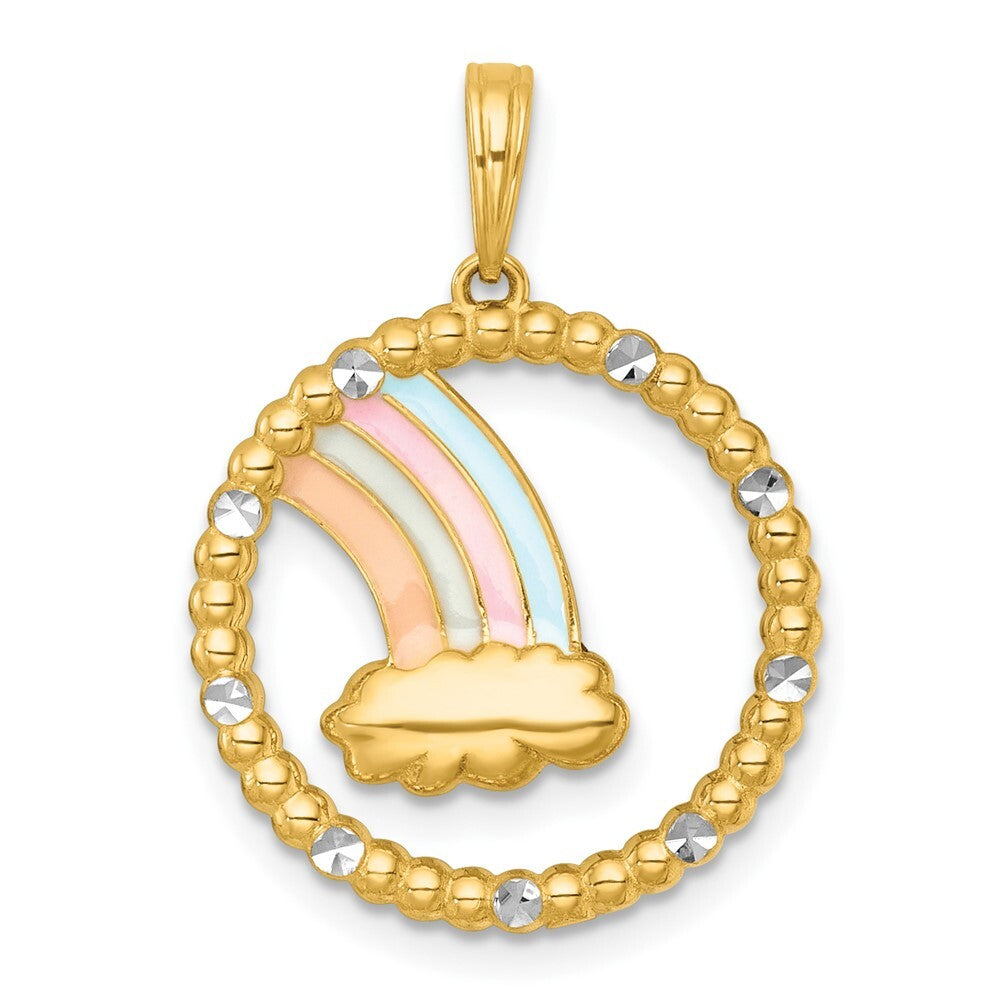 14k Yellow Gold with White Rhodium Multi Color Enamel Rainbow With Cloud Charm