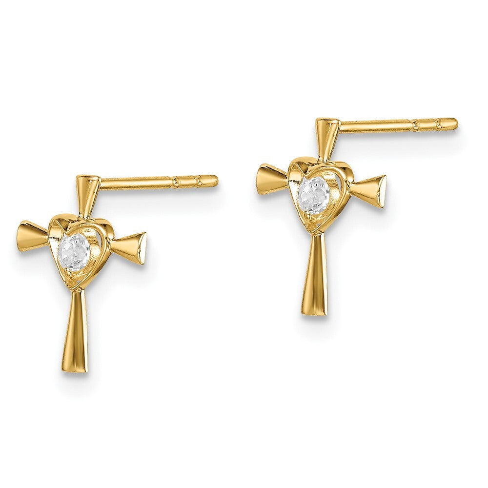 14k Yellow Gold Cubic Zirconia Cross with Heart Stud Earrings