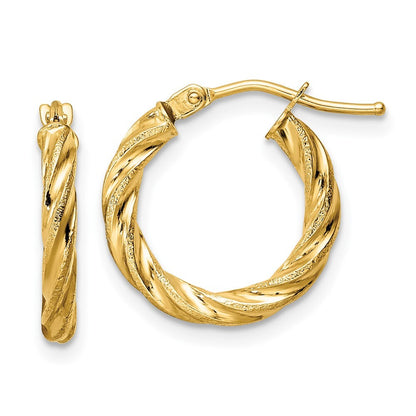 14k Yellow Gold Polished & Textured Twisted Hoop Earrings Gift for Women