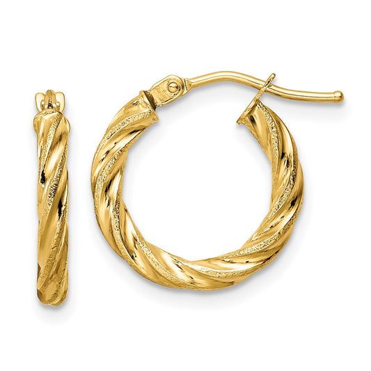 14k Yellow Gold Polished & Textured Twisted Hoop Earrings Gift for Women