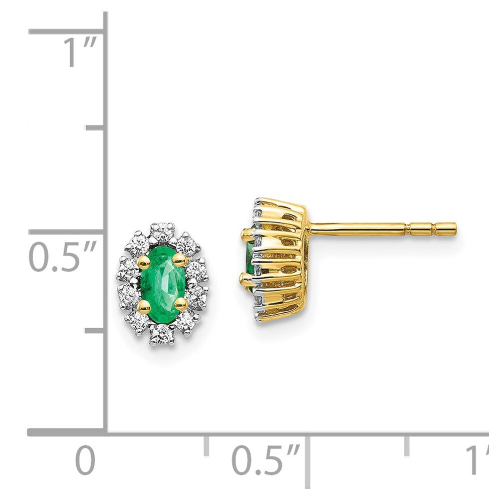 14k Yellow Gold 1/5Ct Diamond and Emerald Oval Halo Stud Earrings