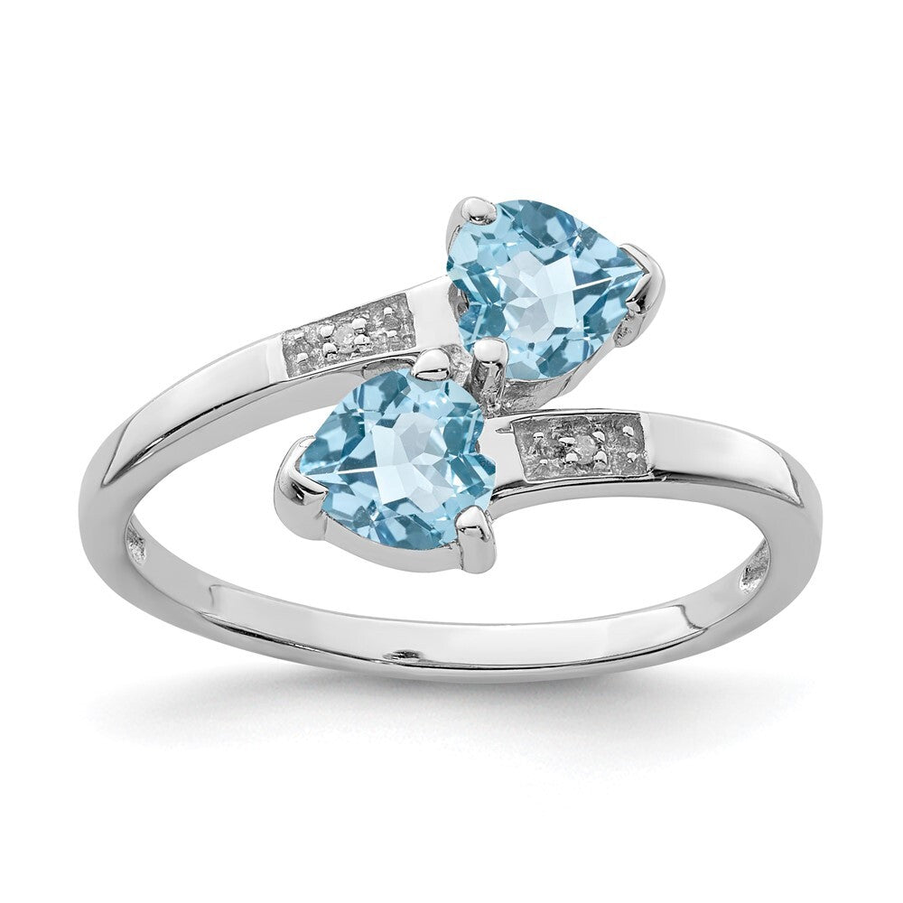 Sterling Silver Rhodium Light Swiss Blue Topaz & Diamond Heart Ring Size 8