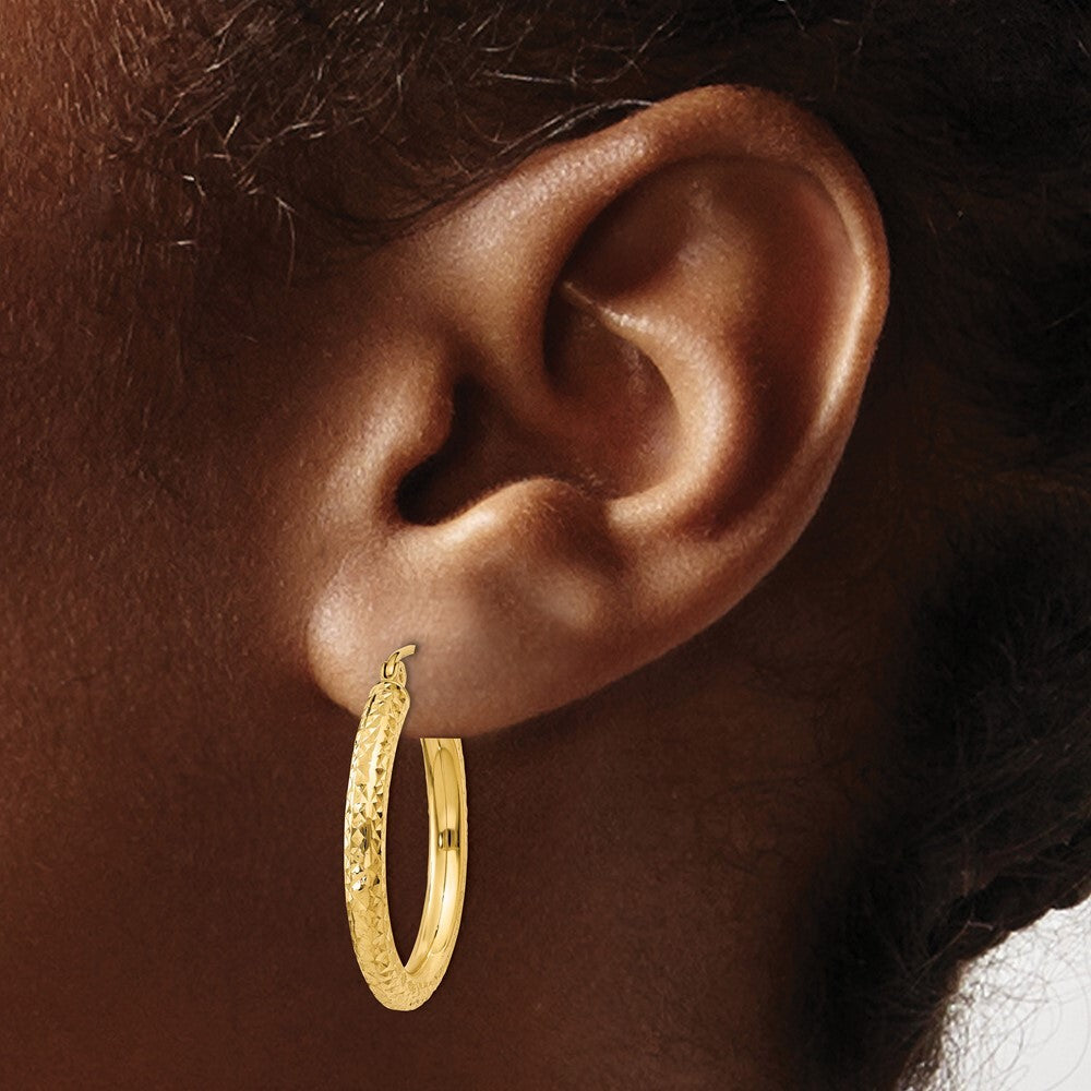 14k Yellow Gold Diamond-cut 3mm Round Hoop Earrings Gift for Women