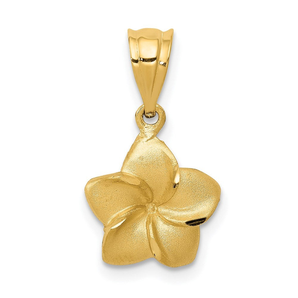 14k Yellow Gold Satin Diamond-cut Plumeria Floral Charm Pendant