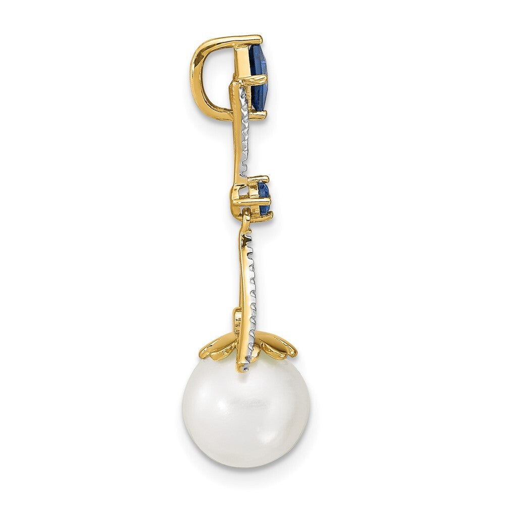 14k Yellow Gold Diamond 8-9mm FWC Pearl/Created Sapphire Chain Slide
