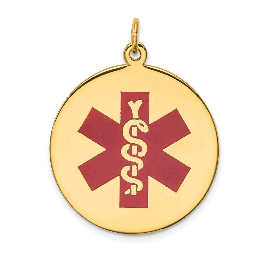 14k Yellow Gold 25mm Round Red Enameled Medical Jewelry Pendant