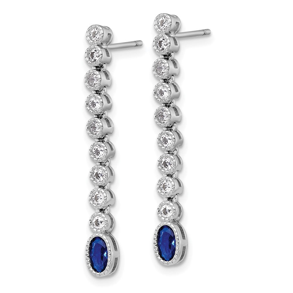 Sterling Silver Polished and Beaded Oval Blue and Round CZ Dangle Earrings