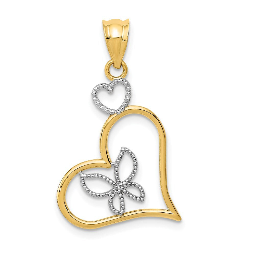 14k Yellow Gold and White Rhodium Butterfly in Heart Pendant