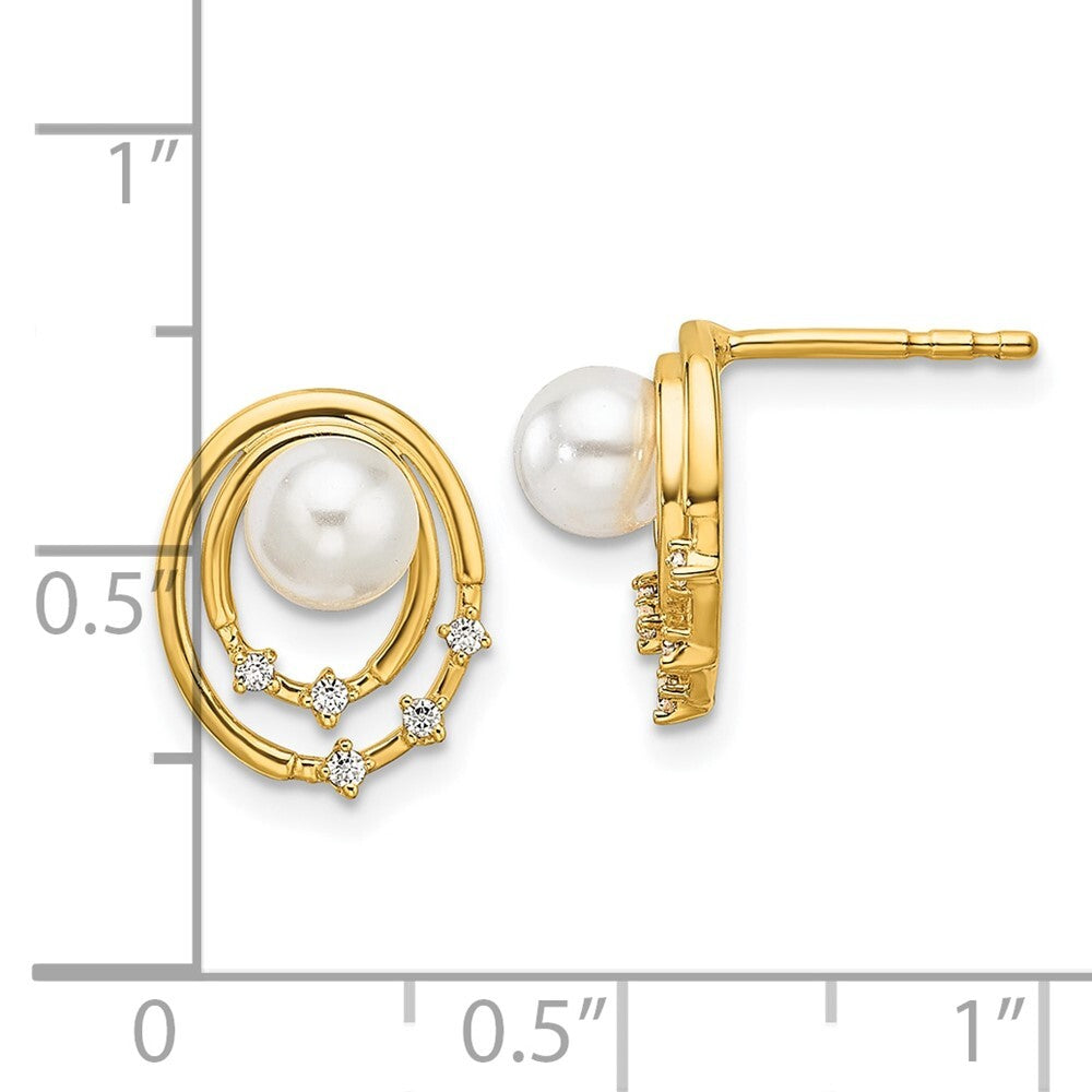 14k Yellow Gold Polished Diamond and Pearl Ovals Drop Stud Earrings