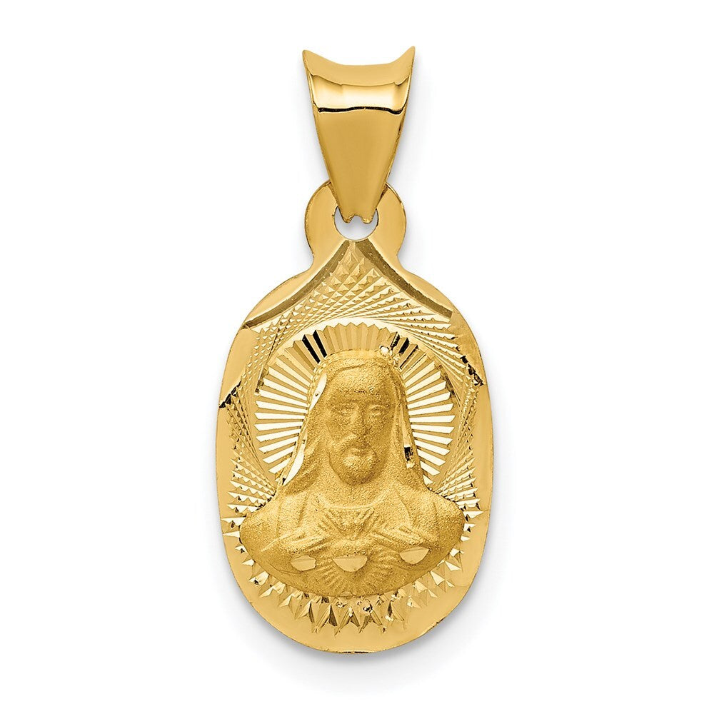 14k Yellow Gold Polished Diamond-Cut Sagrado Corazon Oval Pendant for Women