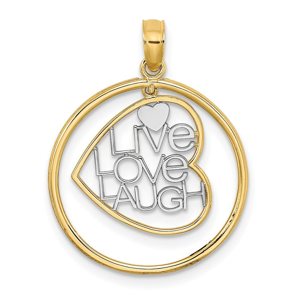14k Yellow Gold Rhodium LIVE LOVE LAUGH Heart Dangling In Circle Charm Pendant