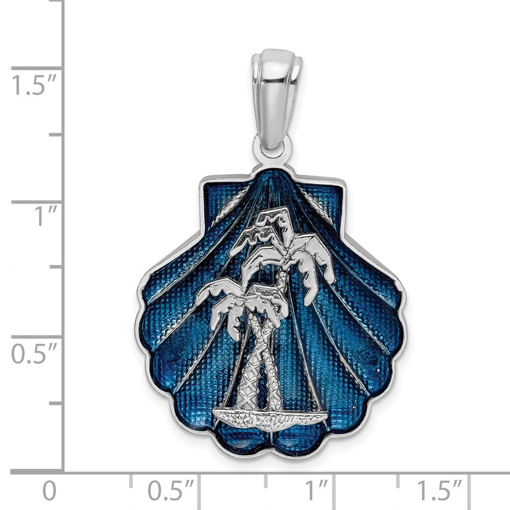 Sterling Silver Rhodium-Plated Enameled Blue Shell with Palm Trees Pendant