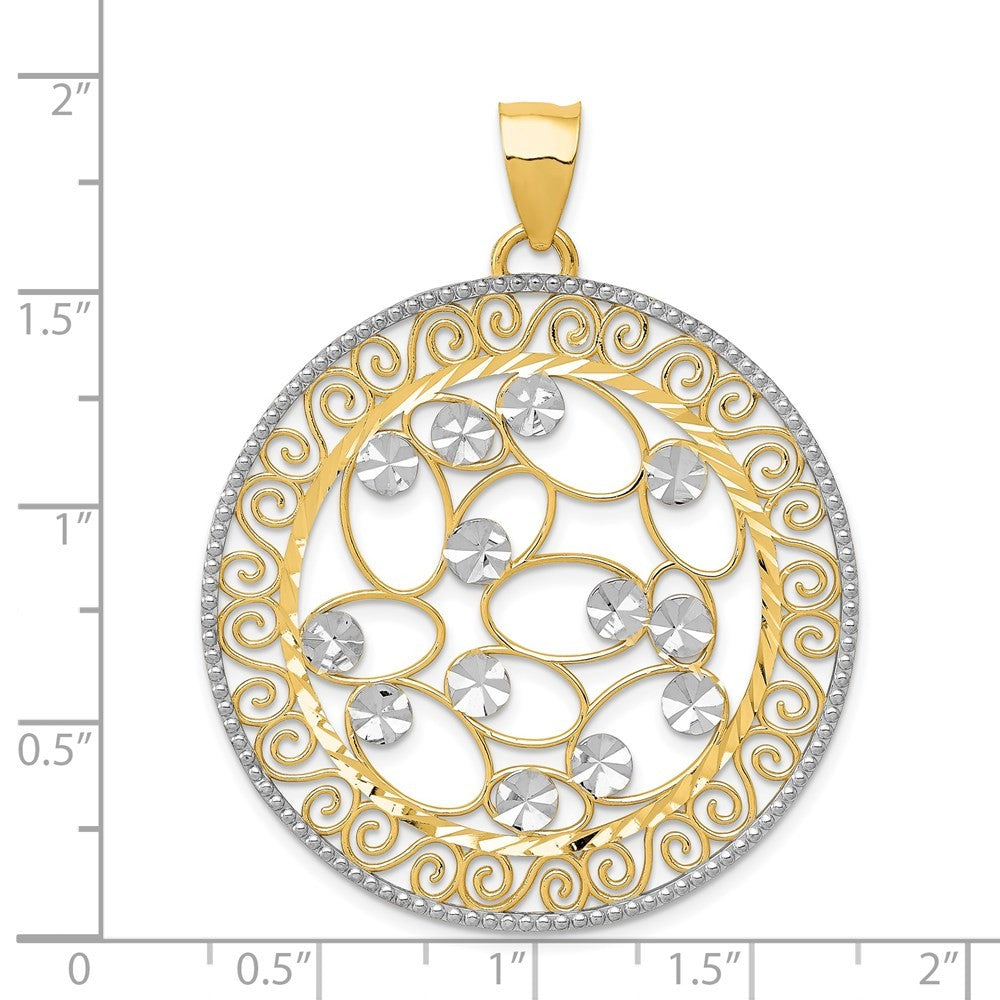 14k Yellow Gold White Rhodium Diamond-cut Filigree Pendant