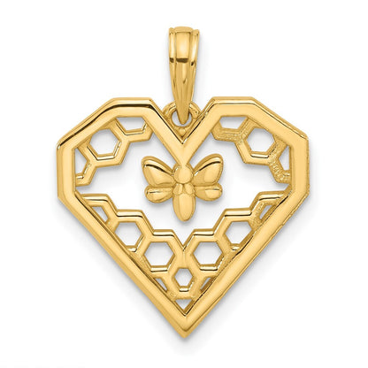 14k Yellow Gold Polished Fancy Heart and Bee Honeycomb Charm Pendant for Women