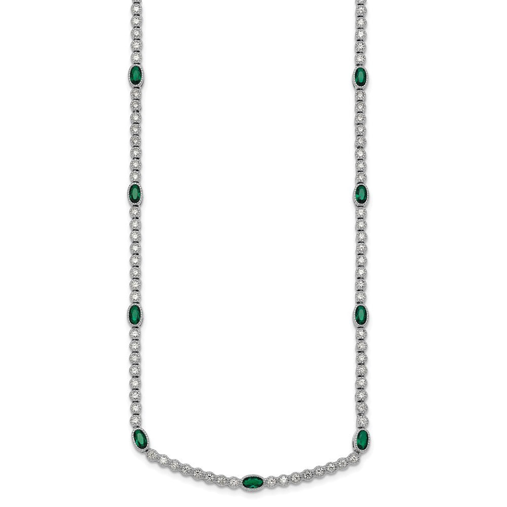Sterling Silver and Beaded Fancy Oval Green and Round White CZ 17" Necklace