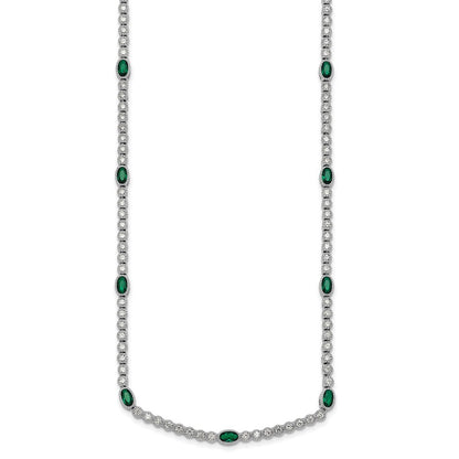Sterling Silver and Beaded Fancy Oval Green and Round White CZ 17" Necklace
