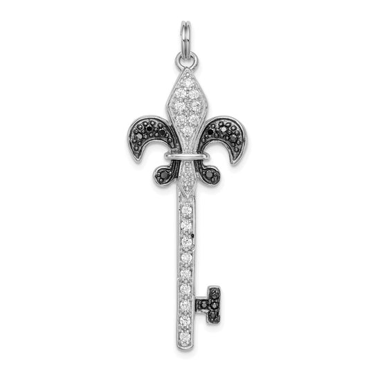 Sterling Silver Black/White Cubic Zirconia Fleur de Lis Key Pendant