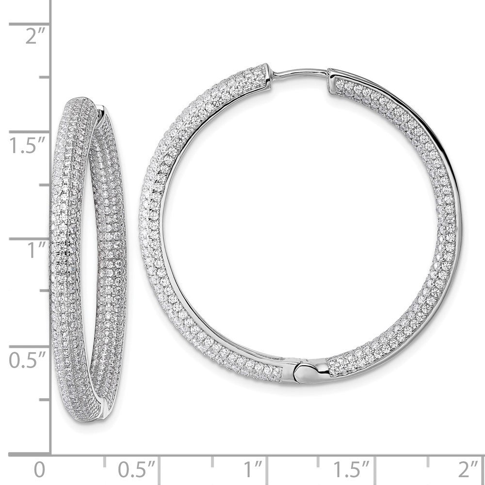 Sterling Silver In and Out CZ Pave 3.7 x 39mm Hinged Hoop Earrings
