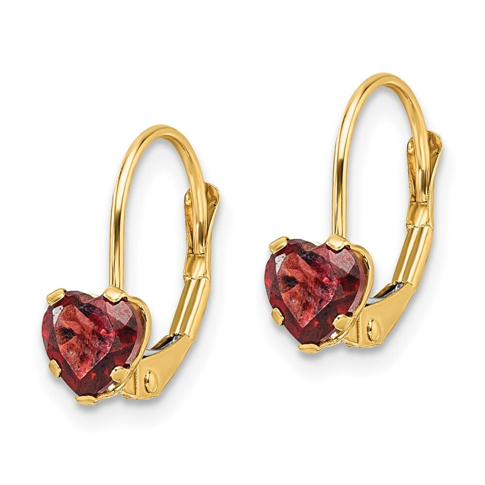 14k Yellow Gold 5mm Heart Garnet Dangle Earrings Leverback Gift for Women