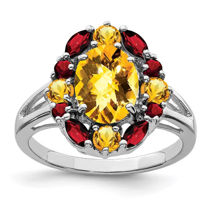 Sterling Silver Rhodium Citrine & Garnet Ring Size 6