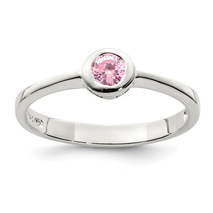 Sterling Silver Pink Round Bezel Cubic Zirconia Ring Size 6