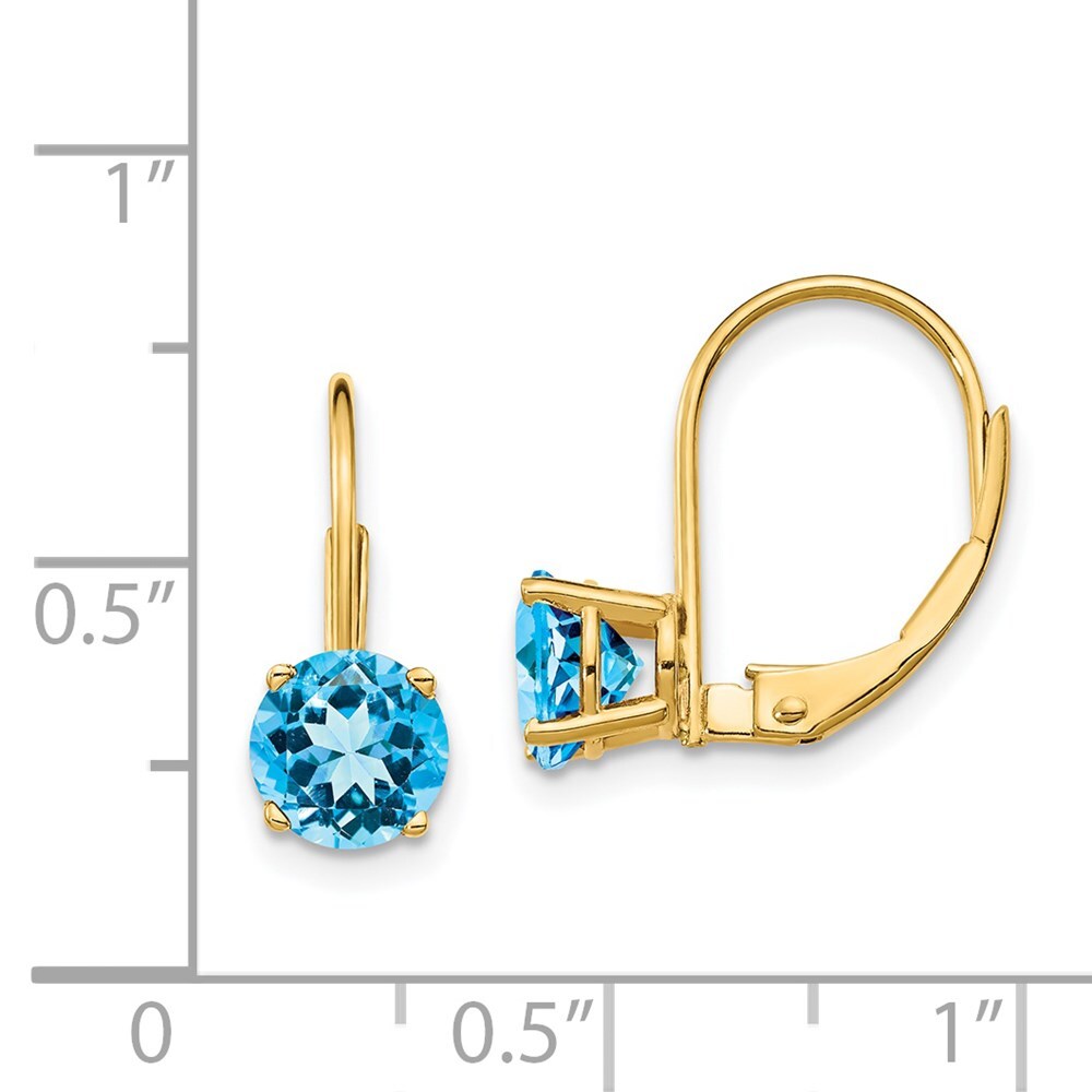 14k Yellow Gold 6mm Blue Topaz Dangle Earrings Leverback Gift for Women