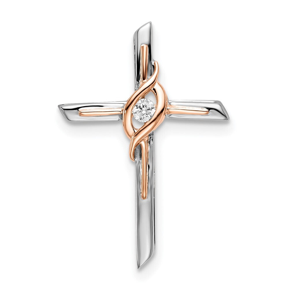 14k Two-tone Gold White & Rose Diamond Cross Chain Slide Pendant