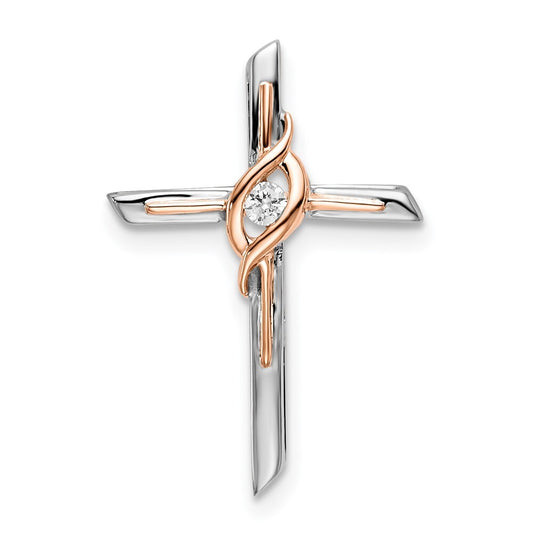 14k Two-tone Gold White & Rose Diamond Cross Chain Slide Pendant