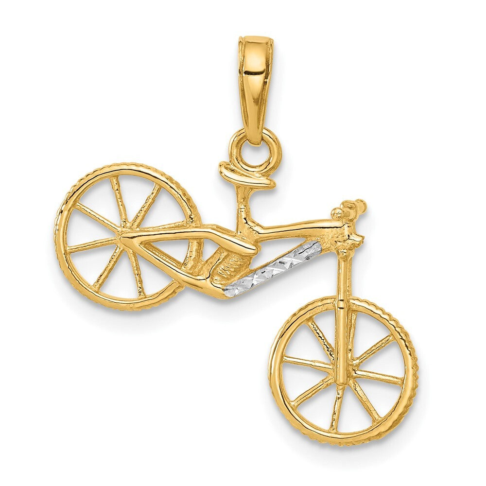 14k Yellow Gold and White Rhodium Diamond-Cut 3D Bicycle Pendant for Women