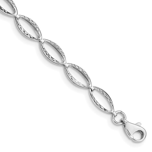 14k White Gold Polished Textured Oval Link 7.25 inch Bracelet