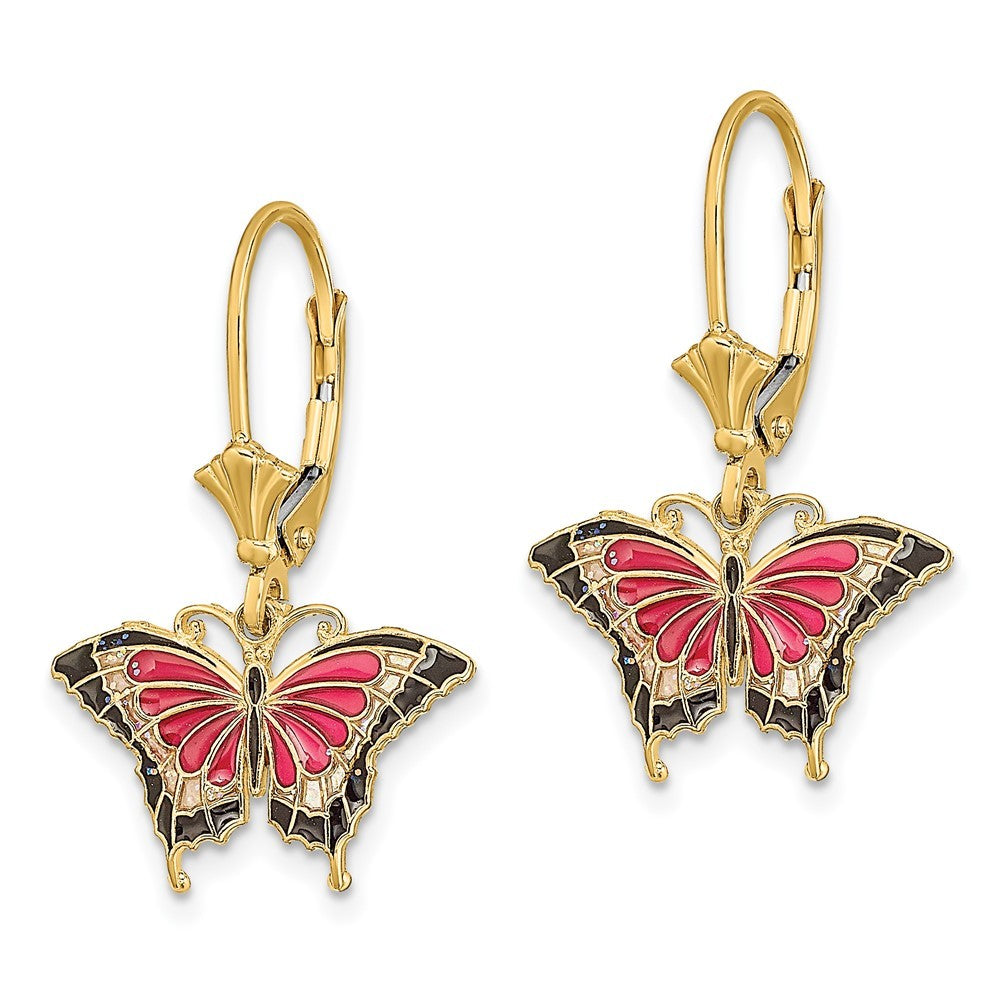 14k Yellow Gold Pink Enameled Butterfly Drop Dangle Earrings