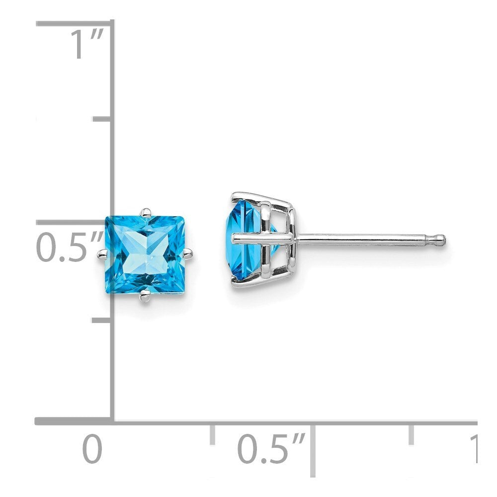 14k White Gold 5mm Princess Cut Blue Topaz Stud Earrings Gift for Women