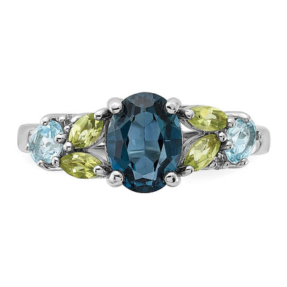 SS Rhodium London Lt.Swiss Blue/White Topaz and Peridot Ring Size 7