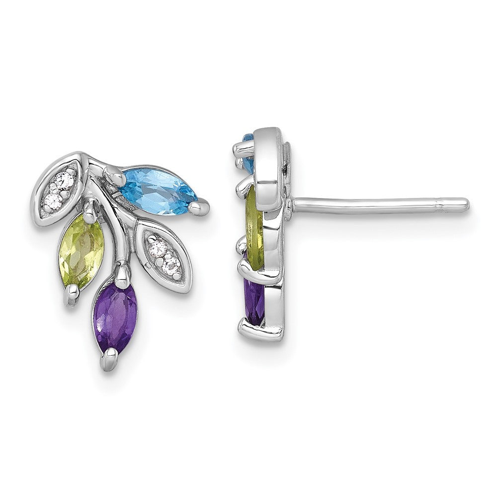 Sterling Silver Polished Amethyst, Peridot, and Blue and Topaz Leaf Earrings