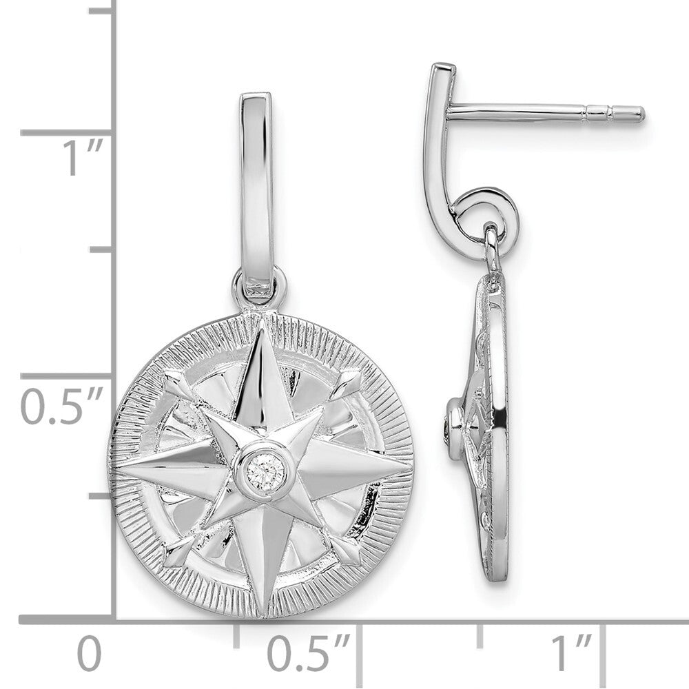 Sterling Silver Polished Cubic Zirconia Compass Dangle Post Earrings