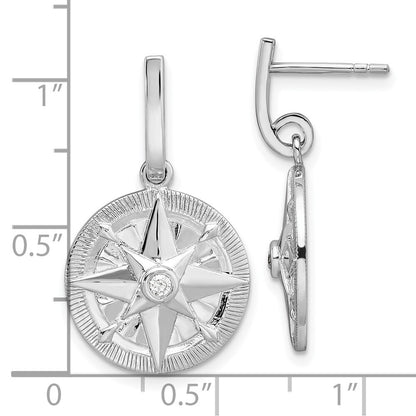Sterling Silver Polished Cubic Zirconia Compass Dangle Post Earrings