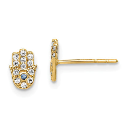 14k Yellow Gold Cubic Zirconia Hamsa Stud Earrings Gift for Women