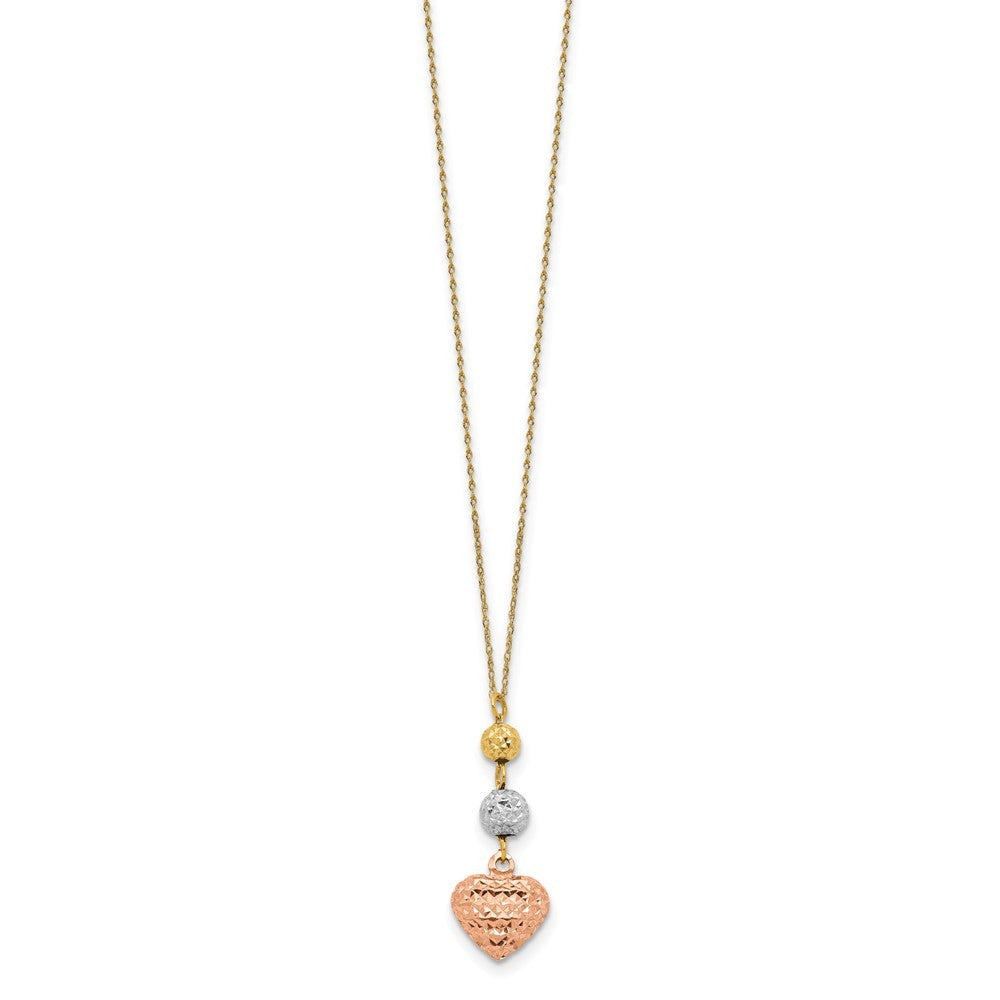14K Tri-color Gold Ropa Diamond Cut Beads & Heart w/ 2in Ext Necklace