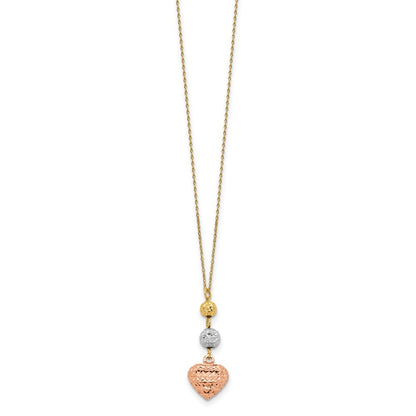 14K Tri-color Gold Ropa Diamond Cut Beads & Heart w/ 2in Ext Necklace