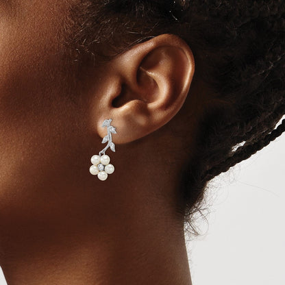 Sterling Silver Rhodium-plated White FWC Pearl CZ Flower Earrings