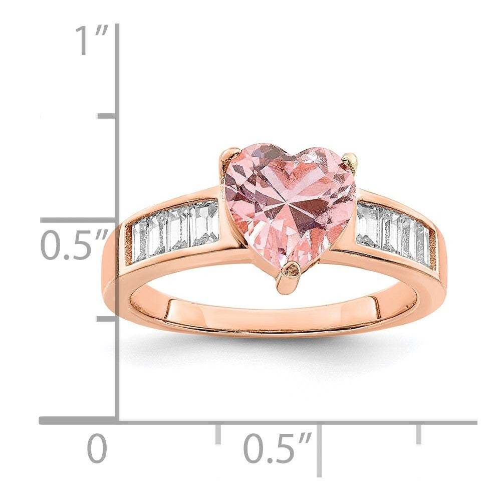 Sterling Silver Rose-plated Crystal Heart and Cubic Zirconia Baguette Ring SZ 7