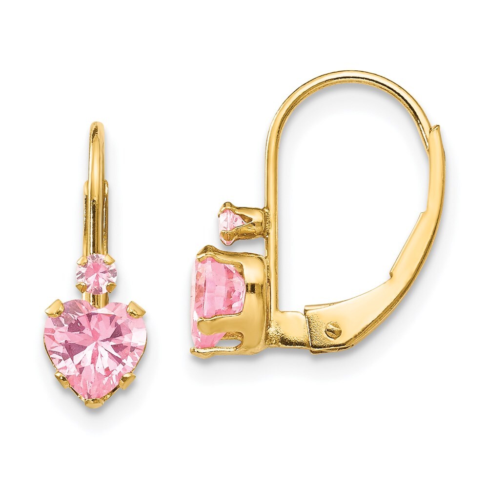 14k Yellow Gold Pink Cubic Zirconia Heart Leverback Earrings Gift for Women
