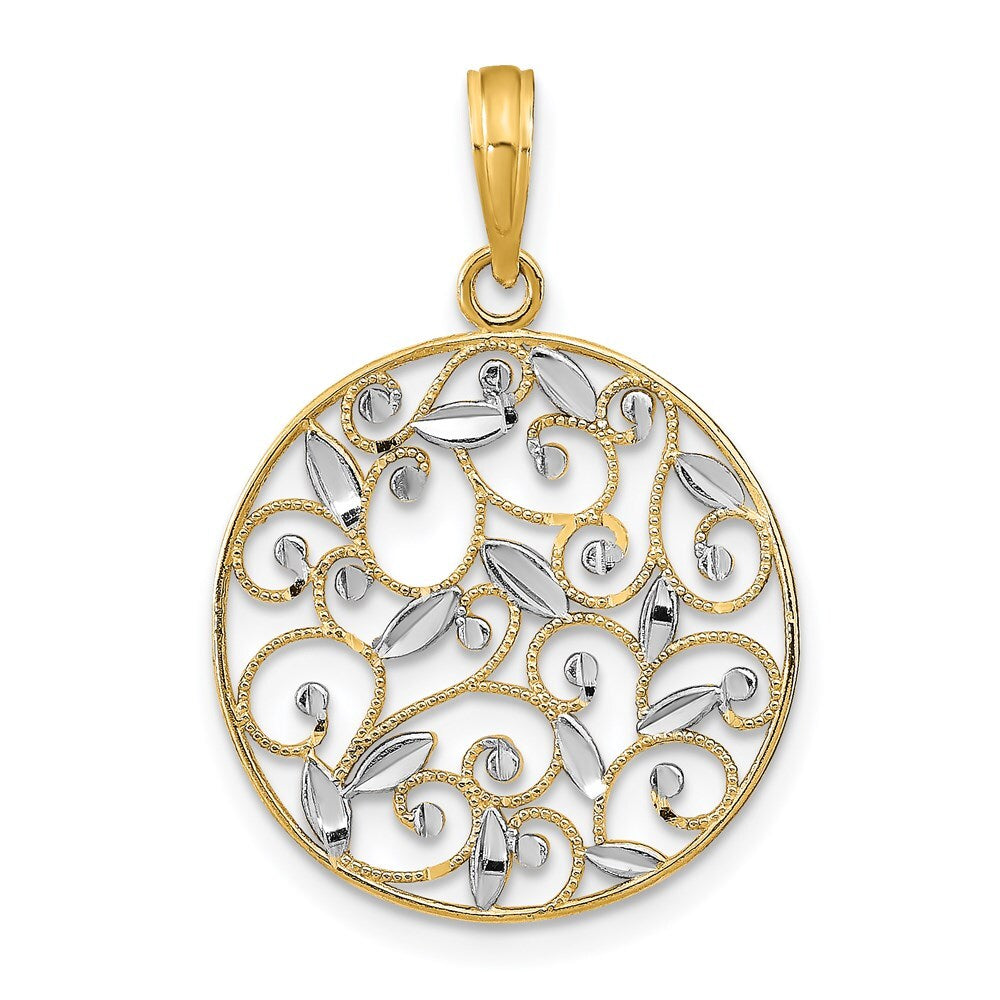 14k Yellow Gold Rhodium Diamond-Cut Filigree Round Charm Pendant for Women
