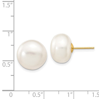 14k Yellow Gold 12-13mm White Button Freshwater Cultured Pearl Stud Earrings