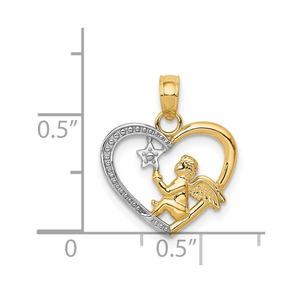 14k Yellow Gold Rhodium Angel in Heart Star Pendant