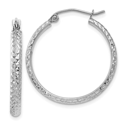 14K White Gold Diamond-cut 2.8x25mm Hollow Hoop Earrings Gift for Women