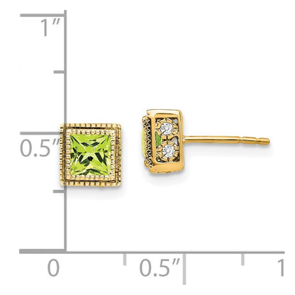 14k Yellow Gold Square Peridot and Diamond Stud Earrings